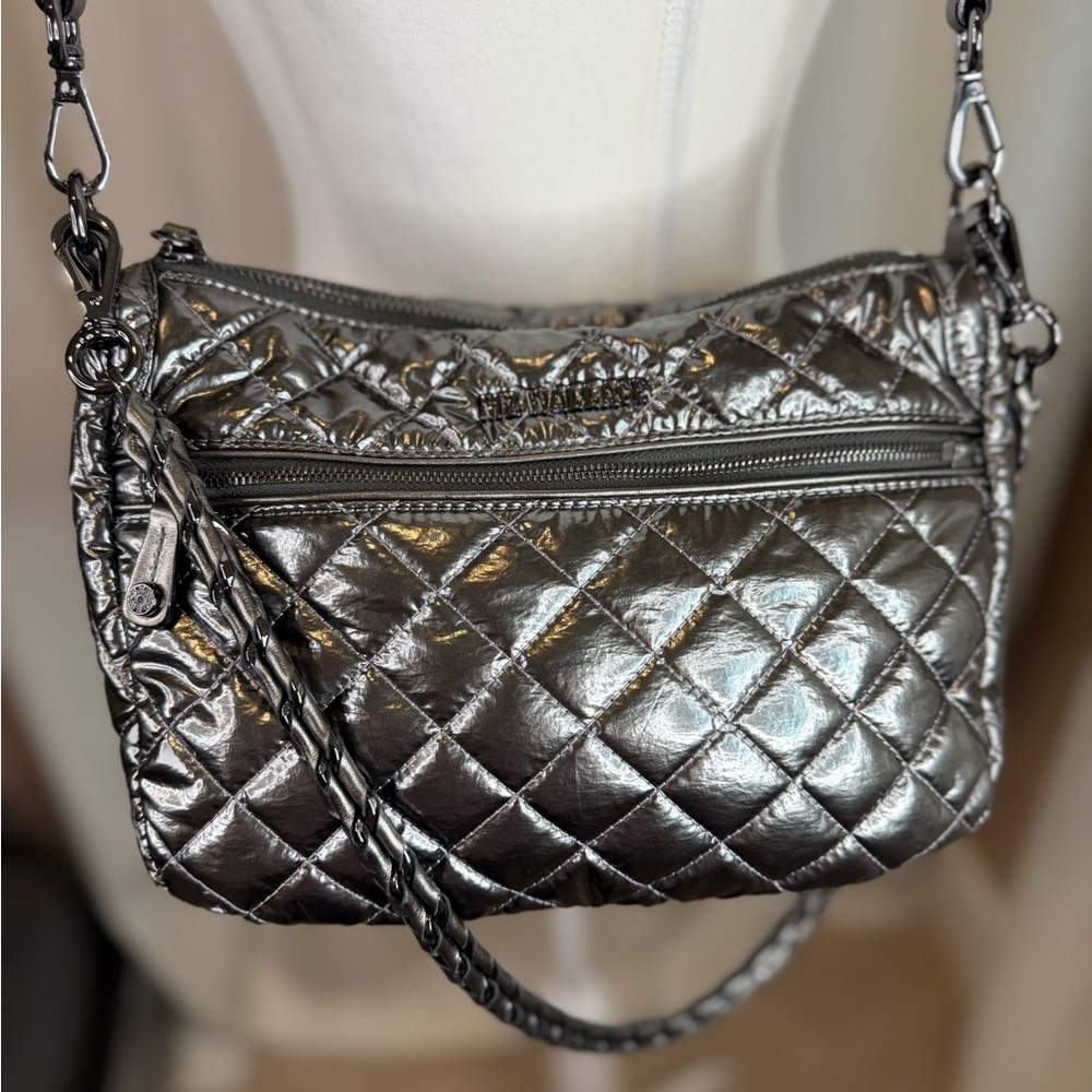 MZ Wallace Ella Pewter Quilted Silver Crossbody Bag